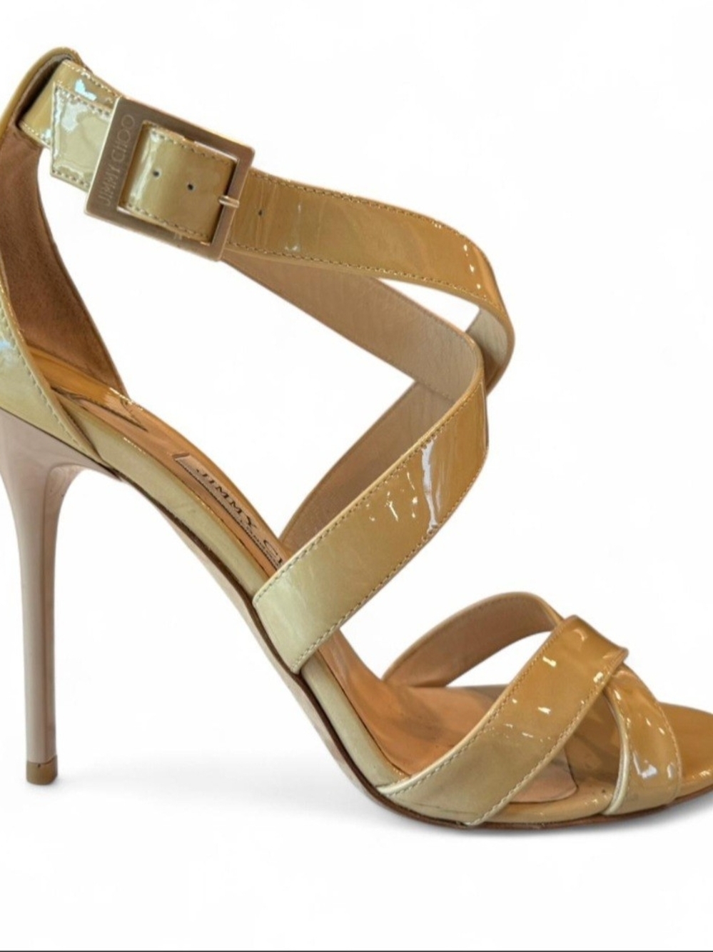 Jimmy Choo Nude Patent Leather Strappy Stiletto Sandals